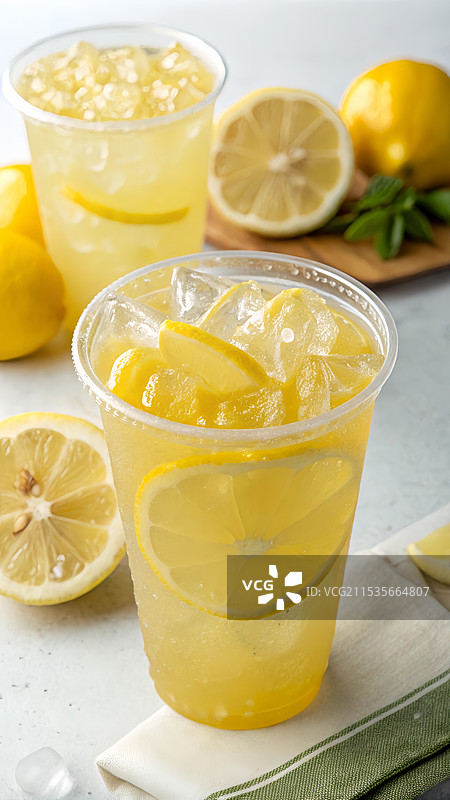 清凉柠檬气泡水饮品：夏季柠檬薄荷饮料图片素材