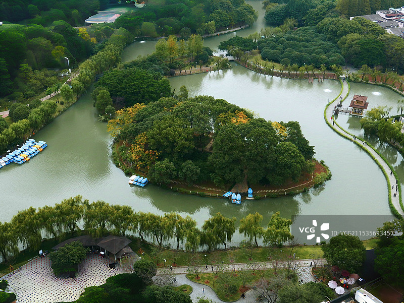 绿意盎然的湖心岛风光图片素材