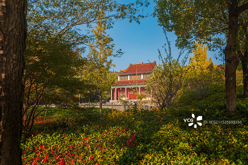 南京游子山风景区-真如禅寺真武庙林中栈道和周边田园风光图片素材
