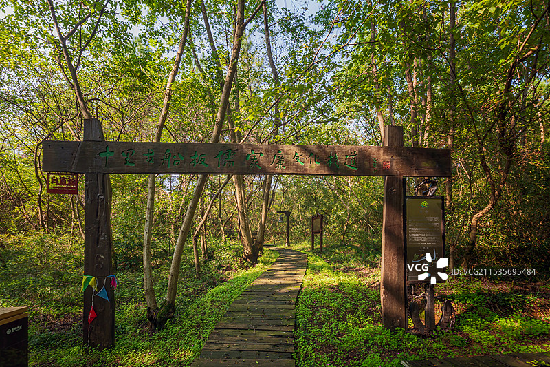 南京游子山风景区-真如禅寺真武庙林中栈道和周边田园风光图片素材