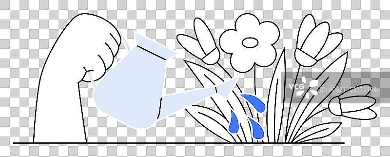 手动浇水植物 - 简单的线条画图片素材