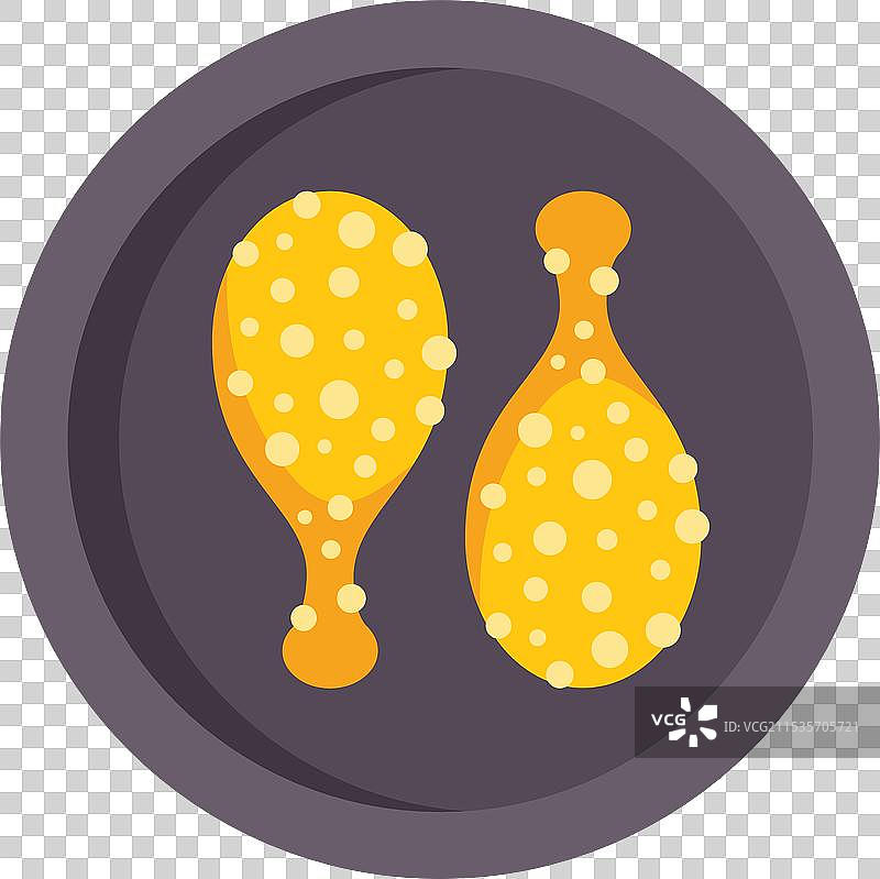 两只炸鸡腿平放在盘子上，俯视角度。图片素材