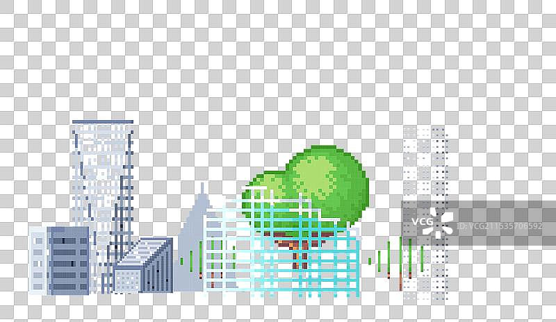 未来主义像素艺术城市景观与摩天大楼图片素材