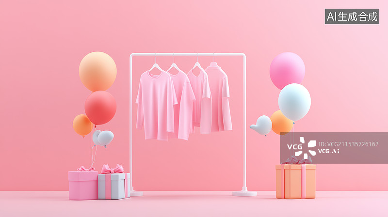 【AI数字艺术】粉色背景下的时尚衣架和气球图片素材