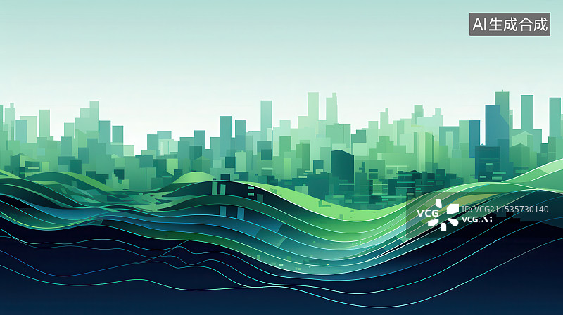 【AI数字艺术】绿色城市与山峦，生态都市的和谐景象图片素材