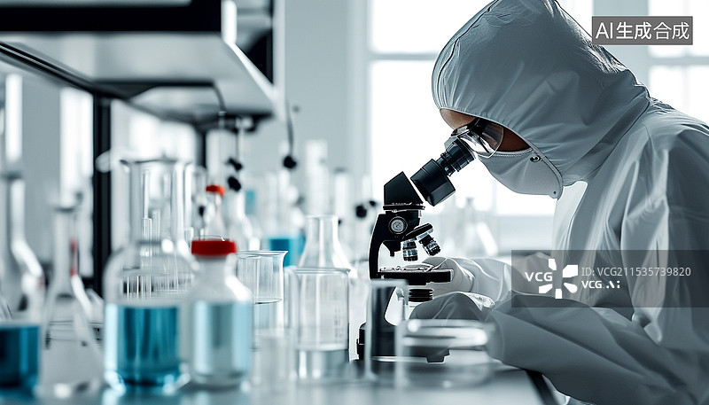 【AI数字艺术】身穿防护服的科研人员在实验室研究疫苗图片素材