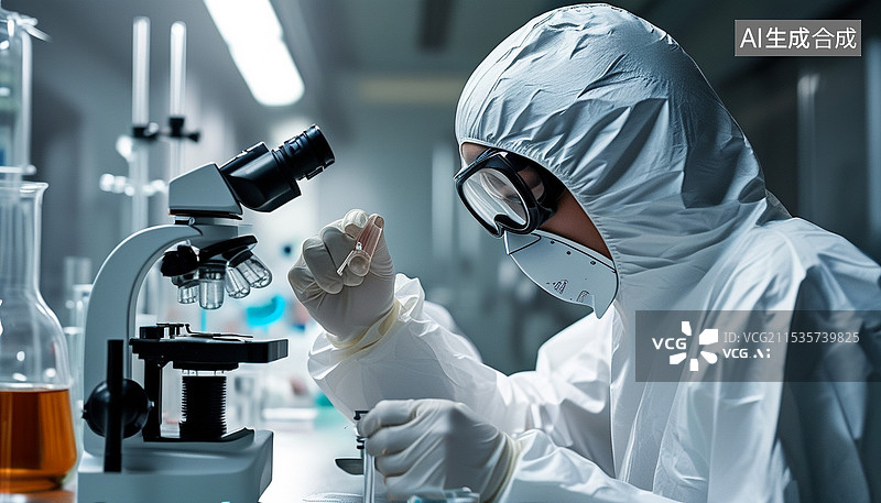 【AI数字艺术】身穿防护服的科研人员在实验室研究疫苗图片素材