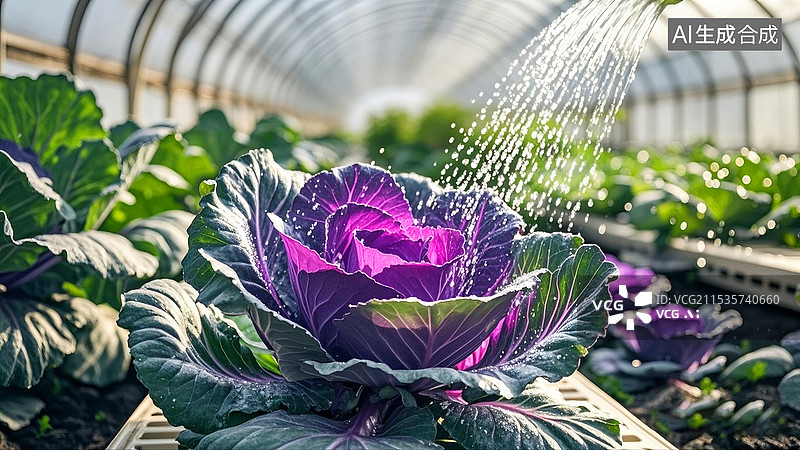 【AI数字艺术】现代蔬菜大棚内浇灌紫甘蓝特写图片素材