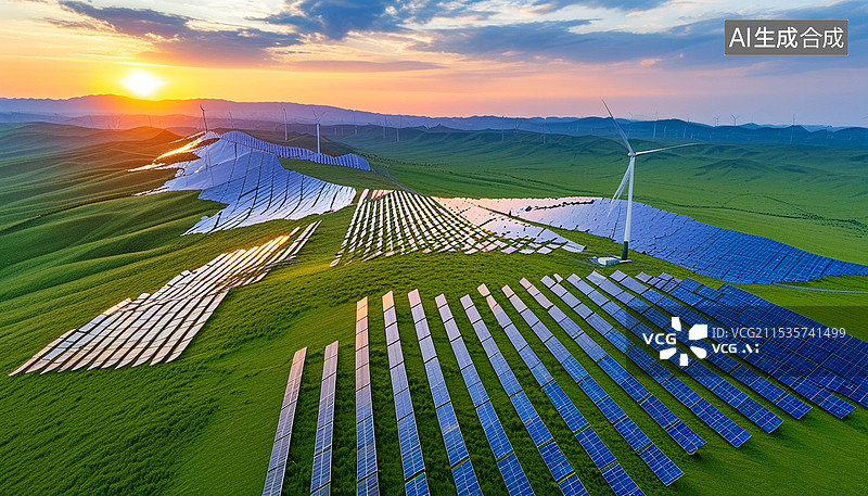 【AI数字艺术】草原上光伏发电和风力发电图片素材