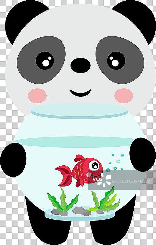 搞笑的熊猫在地球仪上抱着一条红鱼图片素材