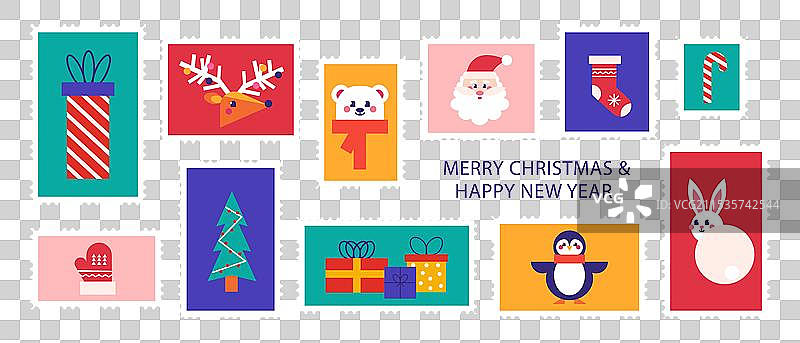 圣诞节和新年快乐的邮票套装图片素材