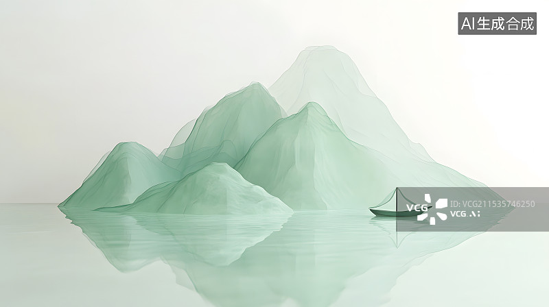 【AI数字艺术】山水清新一叶扁舟3d图片素材