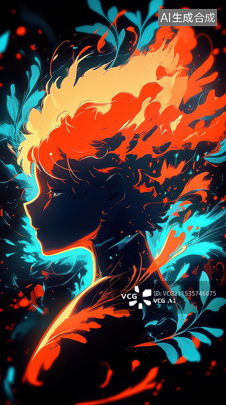 【AI数字艺术】炫酷元素红发火花花瓣男孩插画图片素材