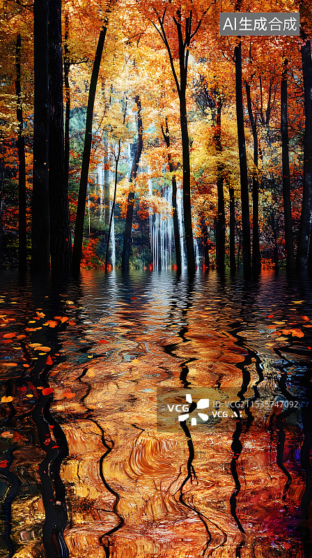 【AI数字艺术】奇幻的金色秋季山中泉水瀑布水流金黄的树叶壁纸配图图片素材