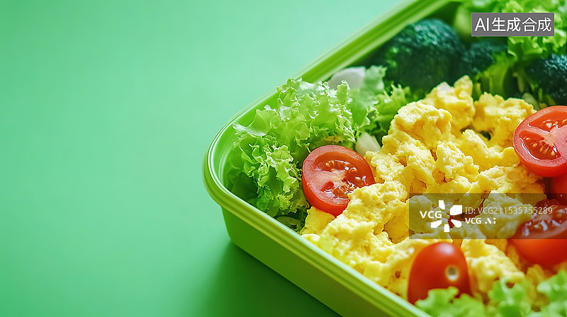 【AI数字艺术】一盒打开的西红柿炒鸡蛋盒饭配有青菜蔬菜绿色背景烹饪创意和美学健康生活方式极简美食外卖图片素材