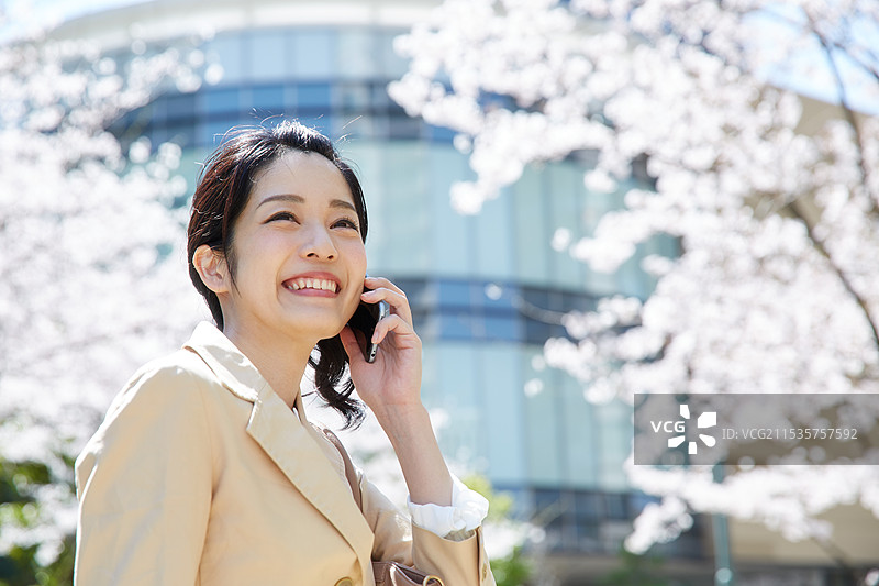 在樱花前使用手机的女性图片素材
