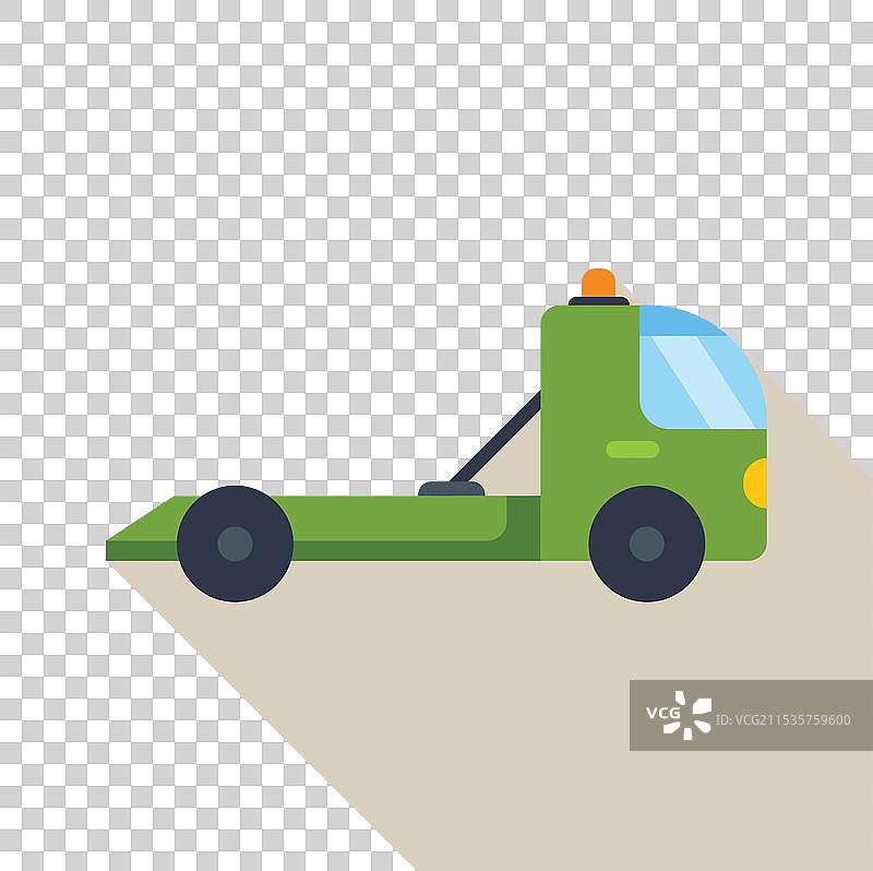 绿色拖车空载，投下长长的影子图片素材