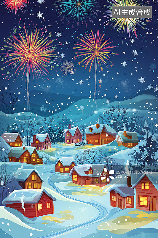 【AI数字艺术】冬天乡村雪景烟花插画图片素材