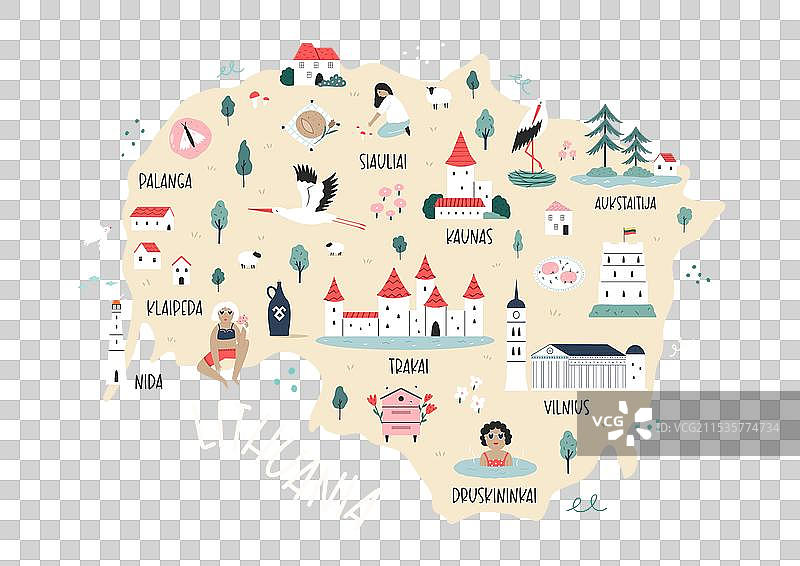 立陶宛的手绘地图，标注了地标。图片素材