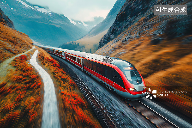 【AI数字艺术】山林间快速行驶的火车图片素材