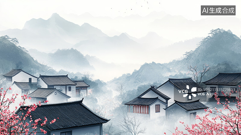 【AI数字艺术】水墨江南古镇图片素材