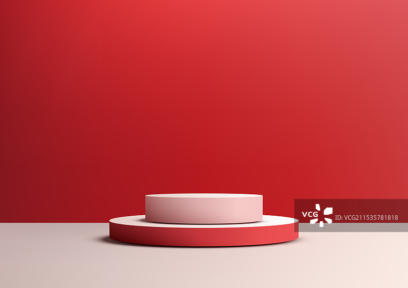 极简主义的三维双层讲台，配有粉色和红色图片素材