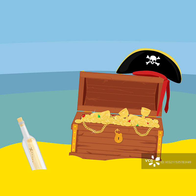 海滩上的旧宝藏海盗箱和海盗帽图片素材