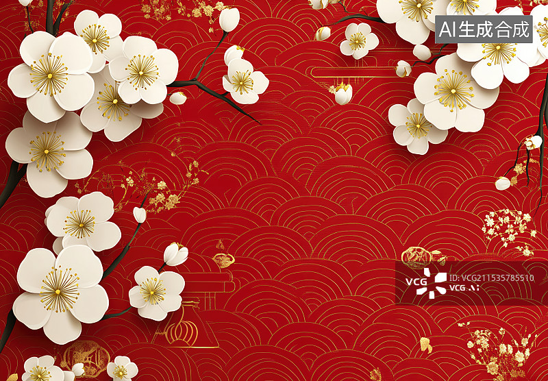 【AI数字艺术】传统的梅花元素，中国新年喜庆背景图片素材