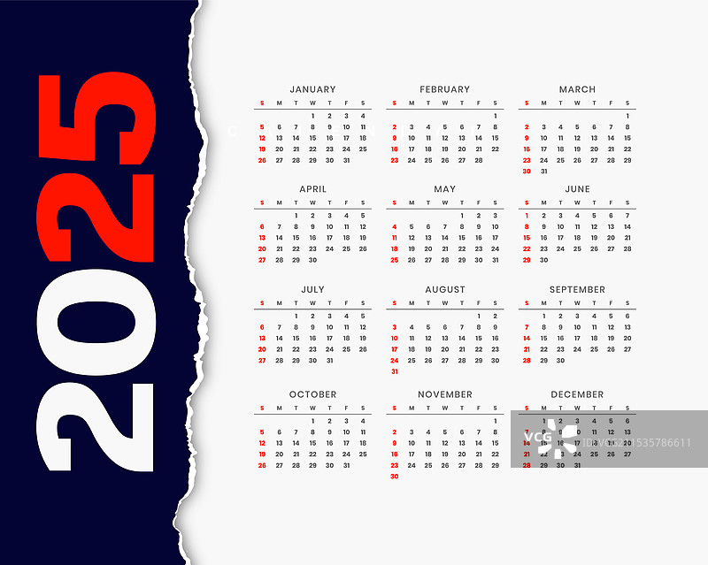 撕裂的2025年桌面日历可打印模板图片素材