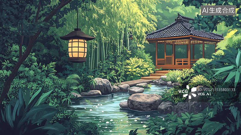 【AI数字艺术】中式园林景观插画图片素材