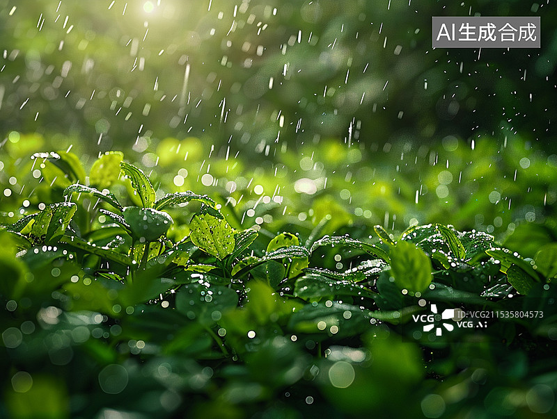 【AI数字艺术】春天清明谷雨节气雨中的绿色植物青草叶子图片素材