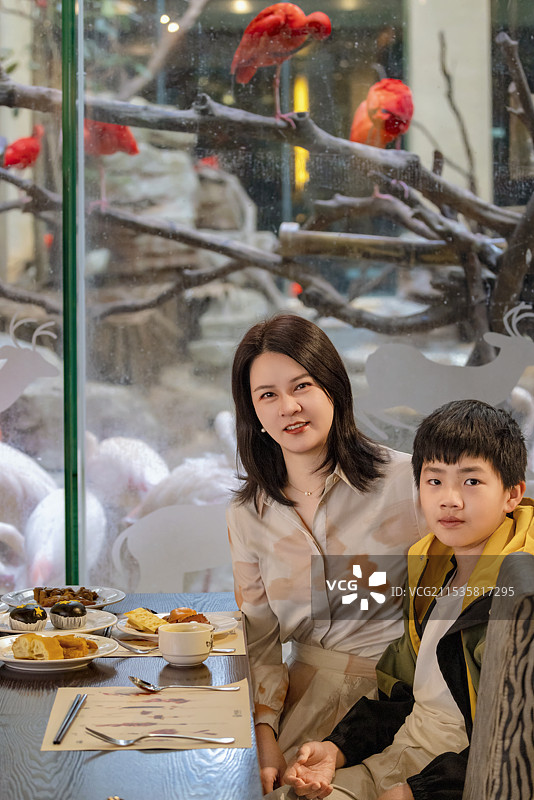亚洲家庭母子在火烈鸟餐厅吃饭图片素材