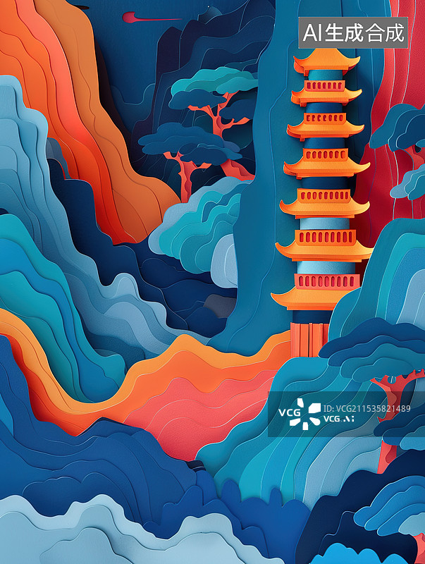 【AI数字艺术】亭台楼阁立体剪纸风场景图片素材
