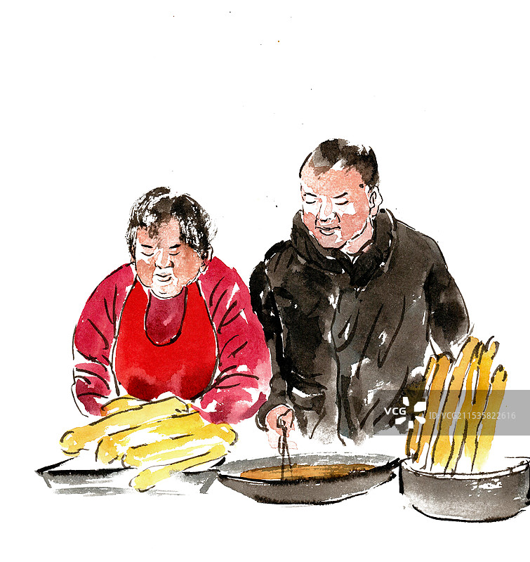 炸油条的夫妻图片素材