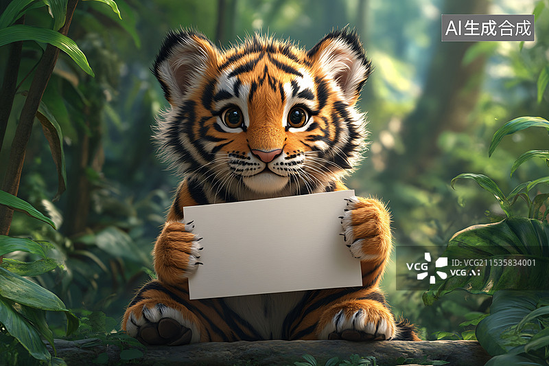 【AI数字艺术】保护动物，老虎拿纸板，保护环境图片素材