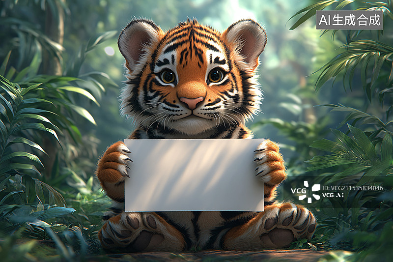 【AI数字艺术】保护动物，老虎拿纸板，保护环境图片素材