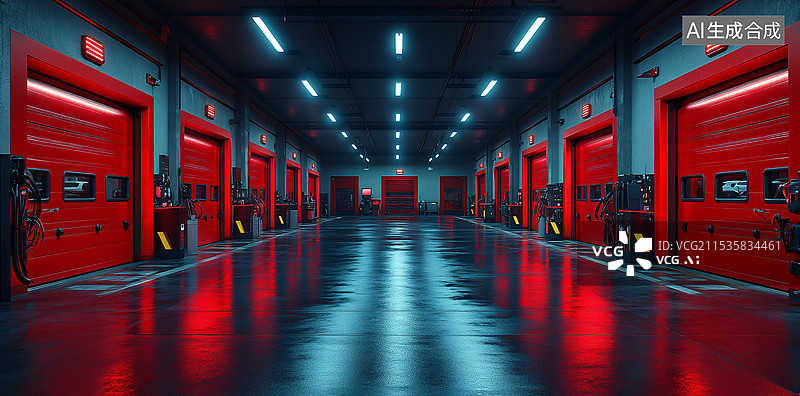 【AI数字艺术】红色的仓库，消防车，消防通道图片素材