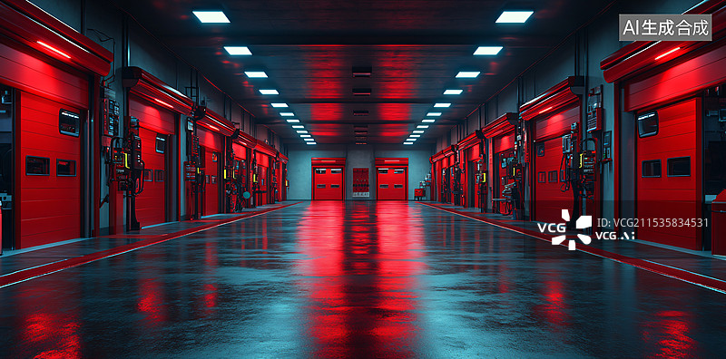 【AI数字艺术】红色的仓库，消防车，消防通道图片素材