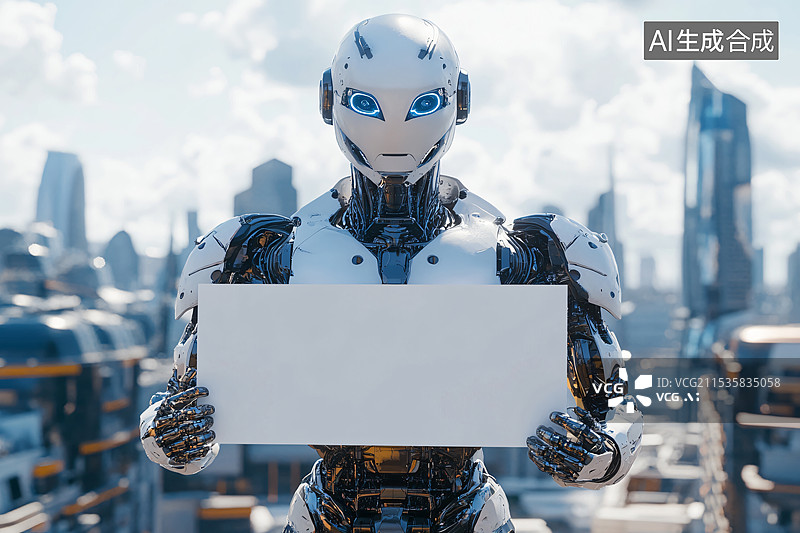 【AI数字艺术】手举纸牌的机器人，人工智能，失业，就业率图片素材