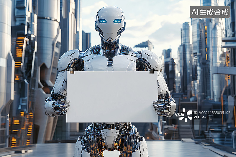 【AI数字艺术】手举纸牌的机器人，人工智能，失业，就业率图片素材