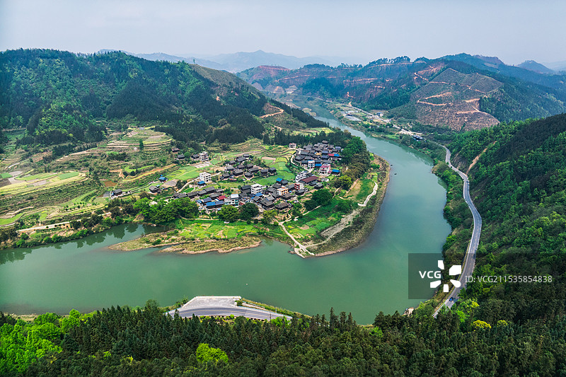 贵州黔东南榕江县都柳江都什村G321公路航拍风光图片素材