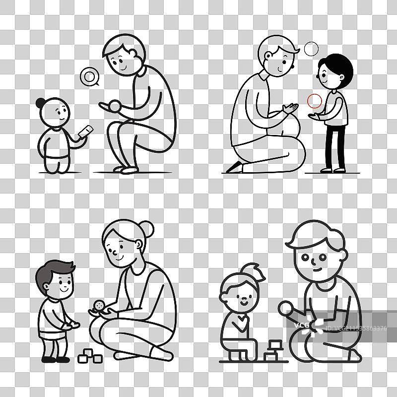 简约的黑色线条艺术，描绘治疗师与孩子的形象图片素材