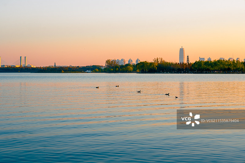 郑州龙湖的金色夕阳图片素材