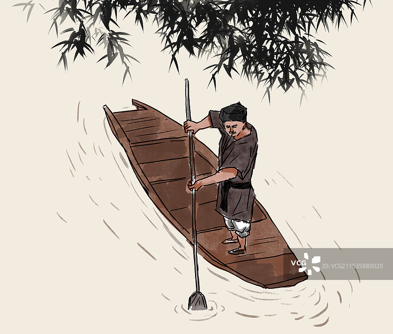 中国风新中式古风古典传统文化古装古人古代古时候历史文化传统乡村乡下农村农民渔民渔夫打鱼风景插画图片素材