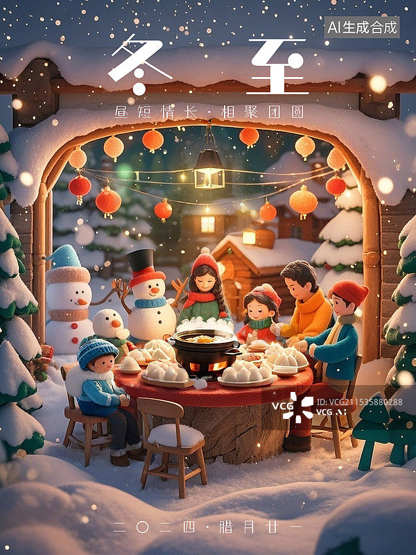 【AI数字艺术】冬至毛毡风格家人围坐吃饺子3D海报图片素材