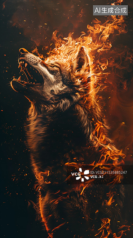 【AI数字艺术】燃烧的火焰狼图腾 竖版图片素材