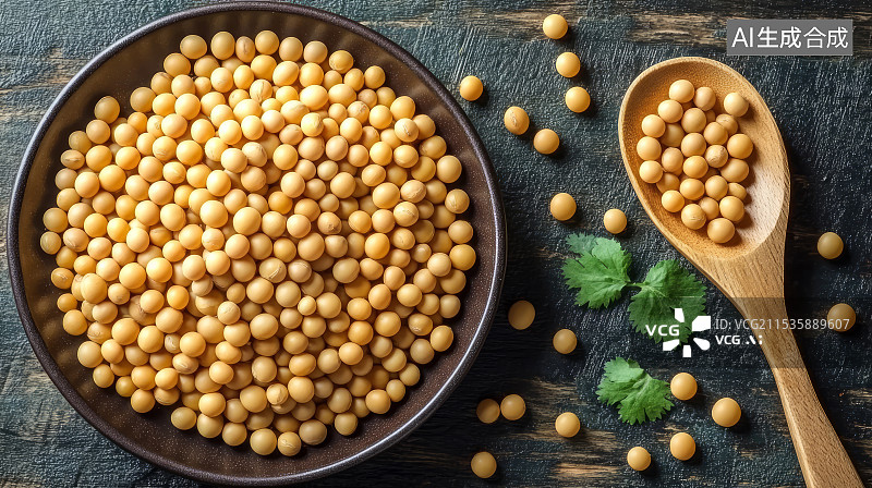 【AI数字艺术】木碗里有机黄豆大豆特写图片素材