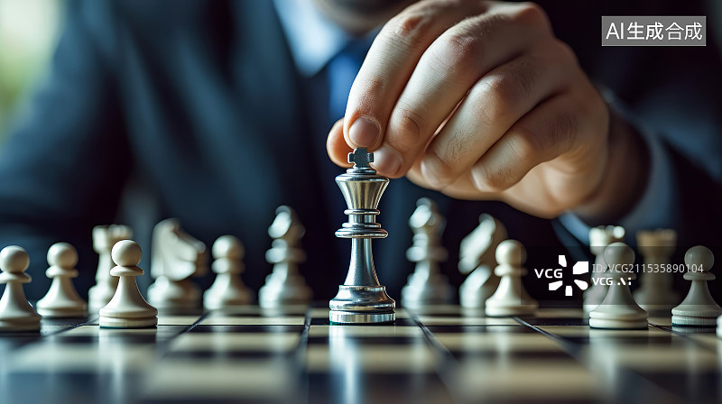 【AI数字艺术】商人移动国际象棋特写，商务竞争策略概念图片素材