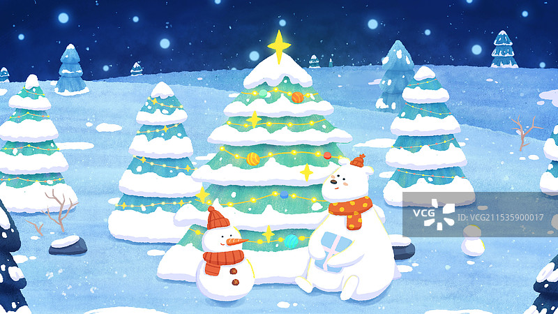 冬季雪景雪人大白熊圣诞氛围手绘插画图片素材