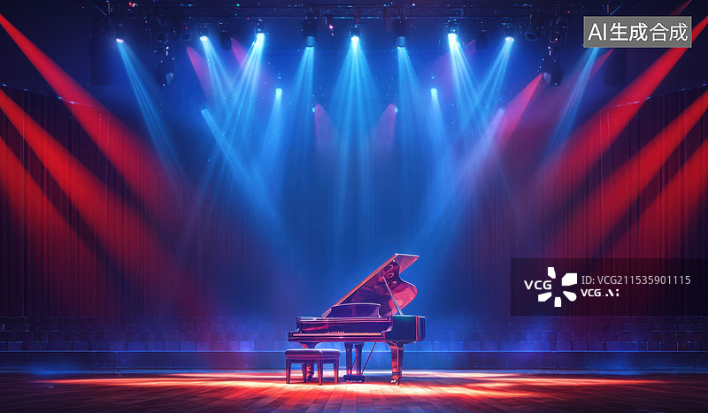 【AI数字艺术】音乐大厅舞台上的三角钢琴图片素材